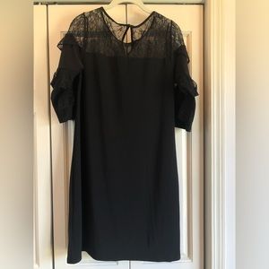 Roz & Ali black lace shoulder & neck with elbow ruffle sleeve and knit dress, M